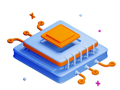 Smart Machine Core Processor Chip with Blue Base Orange Circuits and Small Connections 3d model