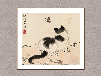 New Chinese Animal Painting Xu Beihong Cat Butterfly Catcher model