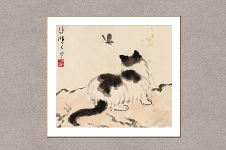 New Chinese Animal Painting Xu Beihong Cat Butterfly Catcher 3d model