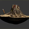 Handcrafted Wooden Stone Sculpture Featuring Tree Stump Roots and Base