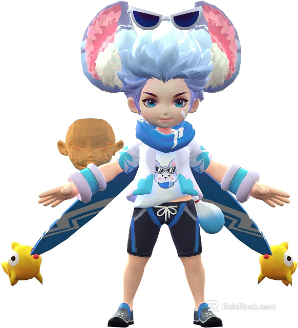 Vibrant Game Character In Blue White Outfit With Creatures And Mask 3d model 
