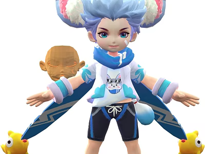 Vibrant Game Character In Blue White Outfit With Creatures And Mask 3d model