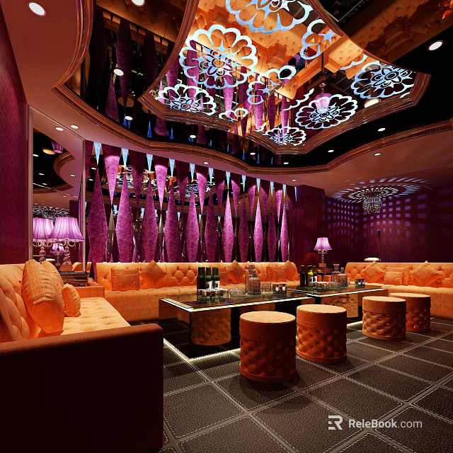 Luxury KTV Lounge Interior With Modern Sofas Decorative Walls And Elegant Chandeliers 3d model 