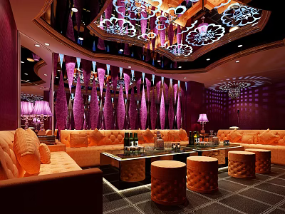 Luxury KTV Lounge Interior With Modern Sofas Decorative Walls And Elegant Chandeliers 3d model