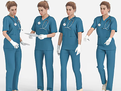 Woman in Blue Medical Scrubs With Stethoscope White Gloves and Multiple Poses 3d model