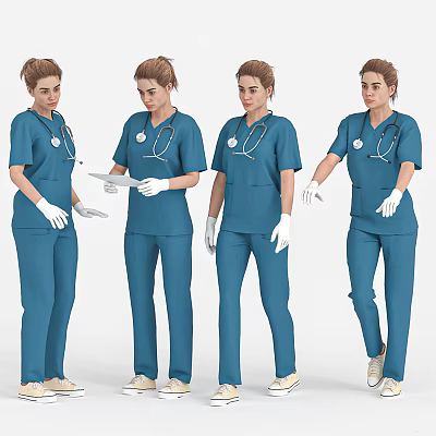 Woman in Blue Medical Scrubs With Stethoscope White Gloves and Multiple Poses 3d model