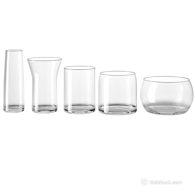 Set of Five Transparent Drinking Glasses with Different Shapes Arranged in a Row 3d model 