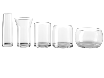 Set of Five Transparent Drinking Glasses with Different Shapes Arranged in a Row 3d model