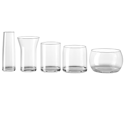 Set of Five Transparent Drinking Glasses with Different Shapes Arranged in a Row 3d model Set of Five Transparent Drinking Glasses with Different Shapes Arranged in a Row 3d model