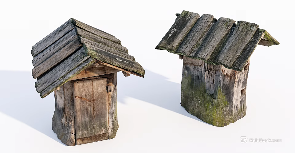 Rustic Wooden Cabins with Weathered Shingle Roofs and Tree Trunk Bases Covered in Moss 3d model 