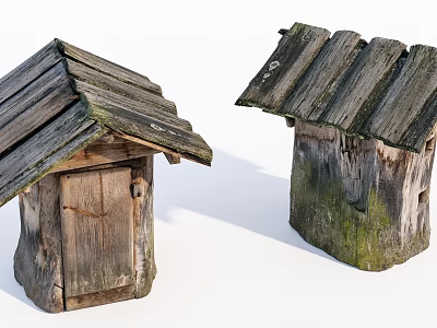 Rustic Wooden Cabins with Weathered Shingle Roofs and Tree Trunk Bases Covered in Moss 3d model
