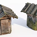 Rustic Wooden Cabins with Weathered Shingle Roofs and Tree Trunk Bases Covered in Moss