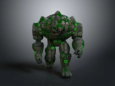 Stone Golem Creature With Green Moss And Glowing Circular Patterns On Body 3d model