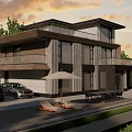 Modern Two Story Detached House With Large Glass Windows Surrounded by Trees And Outdoor Seating