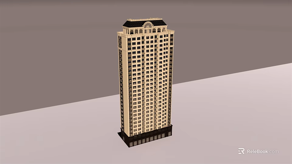 Modern High Rise Building Exterior Design With Decorative Top Windows And Dark Base 3d model 