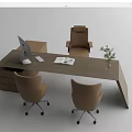 Modern Wooden Office Desk with Computer Mouse Open Book Three Chairs and Potted Plant