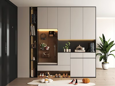 Modern Shoe Cabinet Design For Home Entryway With Storage Bench Plant And Hooks 3d model