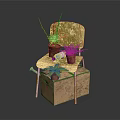 Yellow Velvet Chair Placed On Old Cardboard Box With Multiple Potted Plants