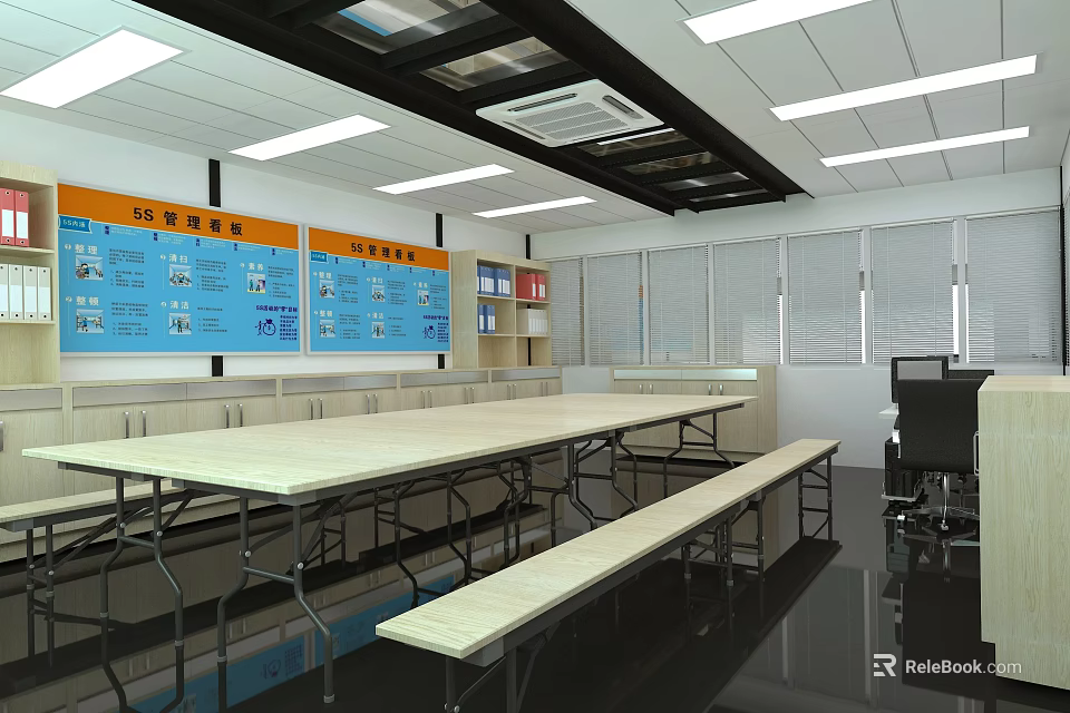 Public Office Space Interior with Long Tables Benches Bulletin Boards Bright Lighting and Window Blinds 3d model 