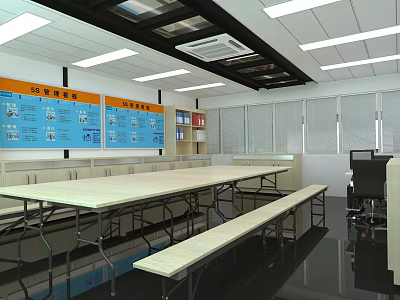 Public Office Space Interior with Long Tables Benches Bulletin Boards Bright Lighting and Window Blinds 3d model