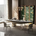 Marble Tea Table And Modern Chairs With Floor To Ceiling Windows And Chandelier