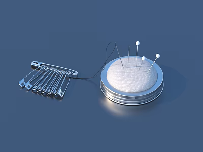 Practical Sewing Supplies Including Silver Thimble Needles Thread Box And Safety Pins 3d model