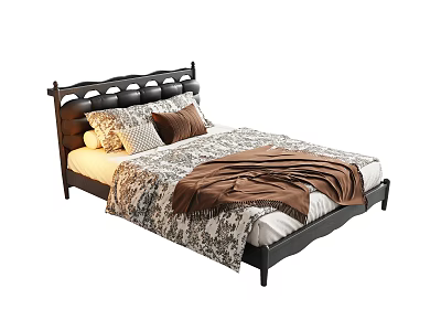 Single Bed With Black Carved Headboard Patterned Quilt And Brown Blanket 3d model