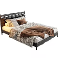 Single Bed With Black Carved Headboard Patterned Quilt And Brown Blanket 3d model