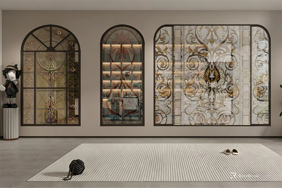 Ornate Arched Stained Glass Windows With Decorative Patterns In Interior 3d model 
