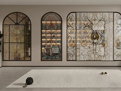 Ornate Arched Stained Glass Windows With Decorative Patterns In Interior 3d model
