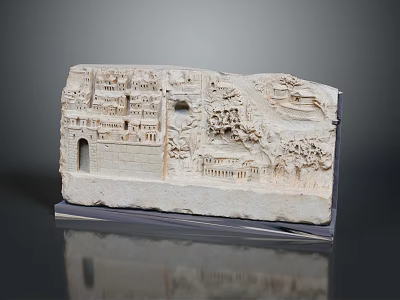 Detailed Stone Relief Sculpture With Architectural Scenes And Tree Carvings 3d model