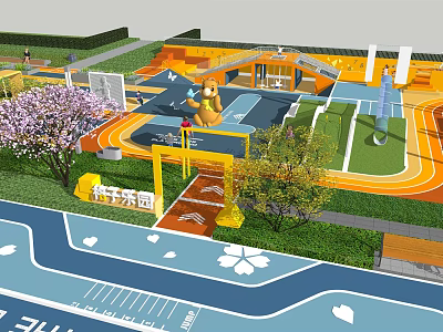 Colorful Outdoor Children Playground With Slide Track Green Trees And Family Play Area 3d model