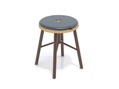 Round Stool With Gray Padded Seat Golden Edge And Dark Wooden Crossed Legs 3d model
