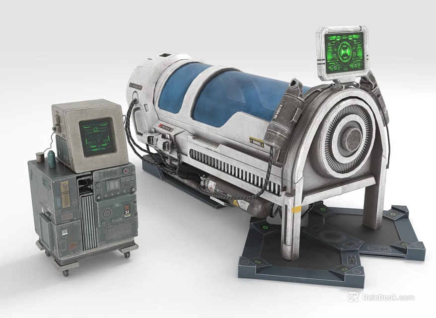 Cylindrical Medical Treatment Chamber with Blue Window and Adjacent Control Unit Featuring Green Display Screen 3d model 