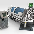 Cylindrical Medical Treatment Chamber with Blue Window and Adjacent Control Unit Featuring Green Display Screen