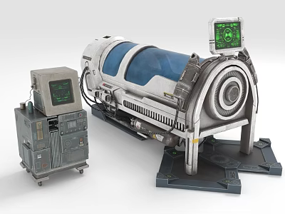 Cylindrical Medical Treatment Chamber with Blue Window and Adjacent Control Unit Featuring Green Display Screen 3d model