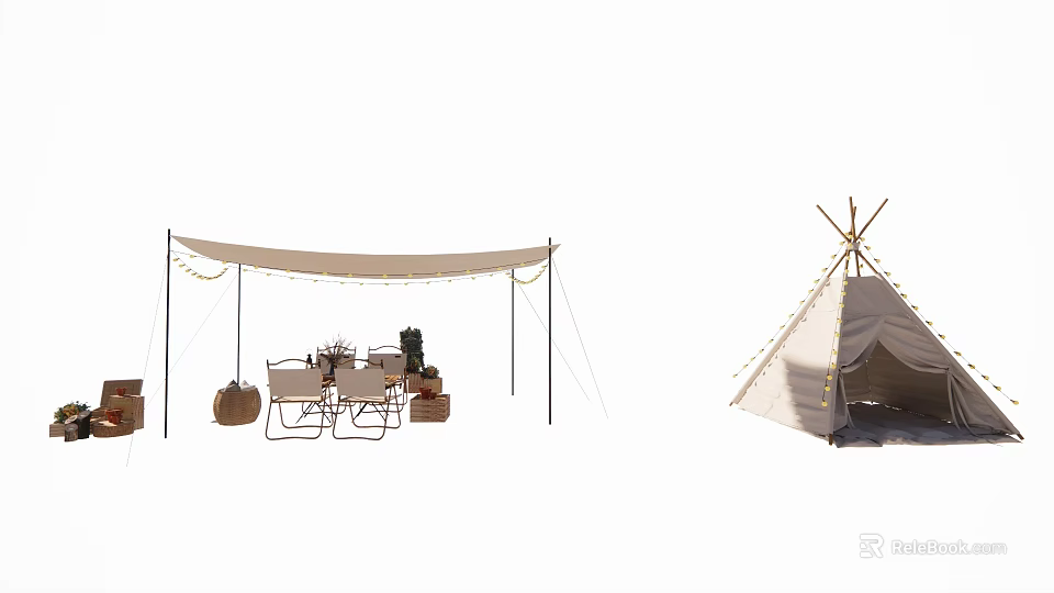 Outdoor Canopy With Dining Set String Lights And Adjacent Tent For Patio 3d model