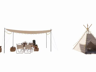 Outdoor Canopy With Dining Set String Lights And Adjacent Tent For Patio 3d model