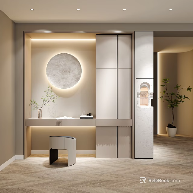 Modern Entryway Hallway Design With Round Mirror Recessed Lighting Storage Cabinet And Green Plant 3d model 