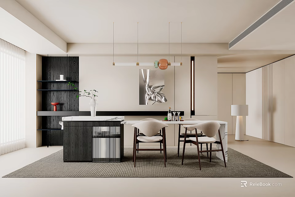 Modern Restaurant Interior Design With Open Concept Dining Table Chairs Pendant Lights And Artwork 3d model