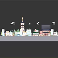 Cartoon Miniature Scene With Traditional Style Tower Houses Trees Roads And Vehicles