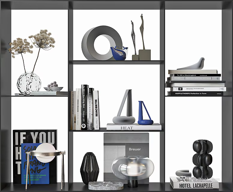 Stylish Decorative Ornament Set On Modern Shelf With Vases Books And Sculptures 3d model 