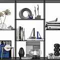 Stylish Decorative Ornament Set On Modern Shelf With Vases Books And Sculptures