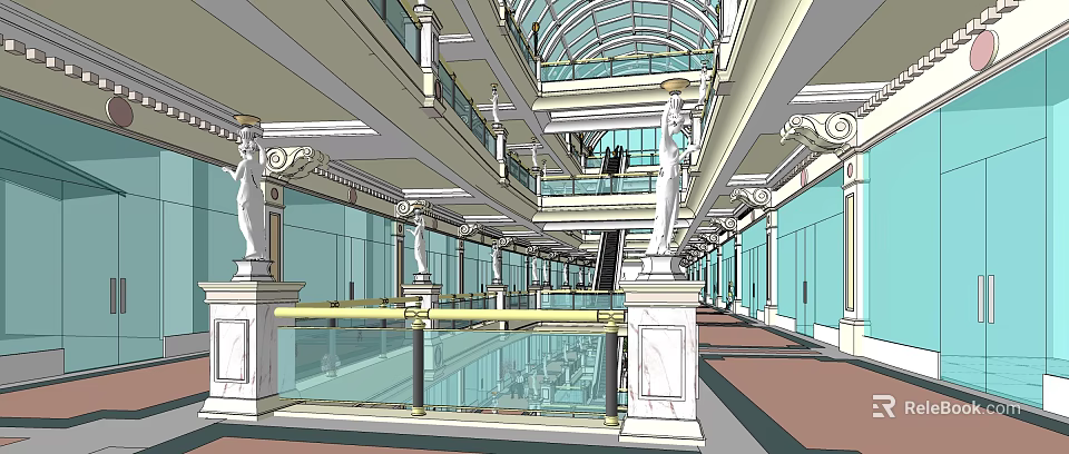 Luxurious Elevator Aisle Interior With Marble Columns Glass Railings And Arched Ceiling 3d model 