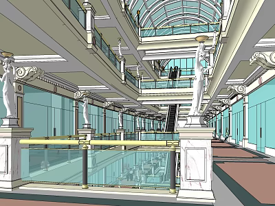 Luxurious Elevator Aisle Interior With Marble Columns Glass Railings And Arched Ceiling 3d model