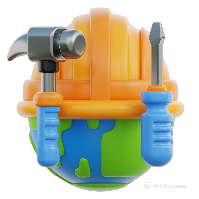 Creative Decorative Ornament Set with Orange Hard Hat Globe Hammer and Screwdriver for Desk Decor 3d model 