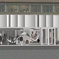 Modern Storefront With Glass Facade And Curved Spiral Decorations For Fashion Clothing Displays