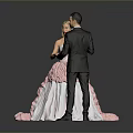 Woman In Pink White Dress With Large Train Holding Hands With Man In Suit
