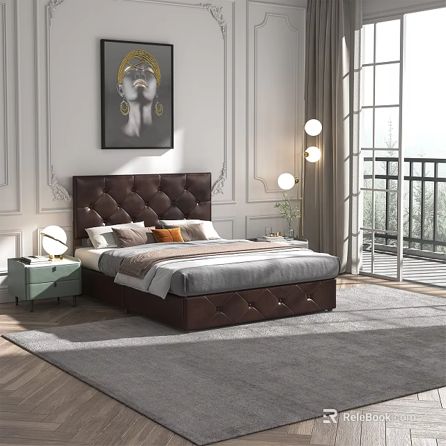 Modern Bedroom Interior With Tufted Headboard Light Green Nightstand Gray Rug And Decorative Painting 3d model 