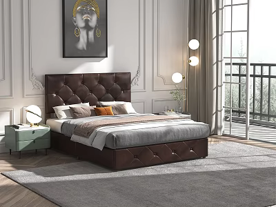 Modern Bedroom Interior With Tufted Headboard Light Green Nightstand Gray Rug And Decorative Painting 3d model